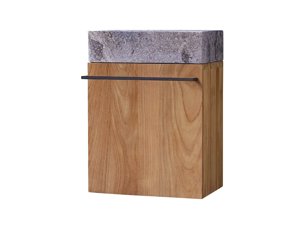 Badunterschrank hängend aus Teakholz mit grauem Marmorwaschbecken Stelle grey