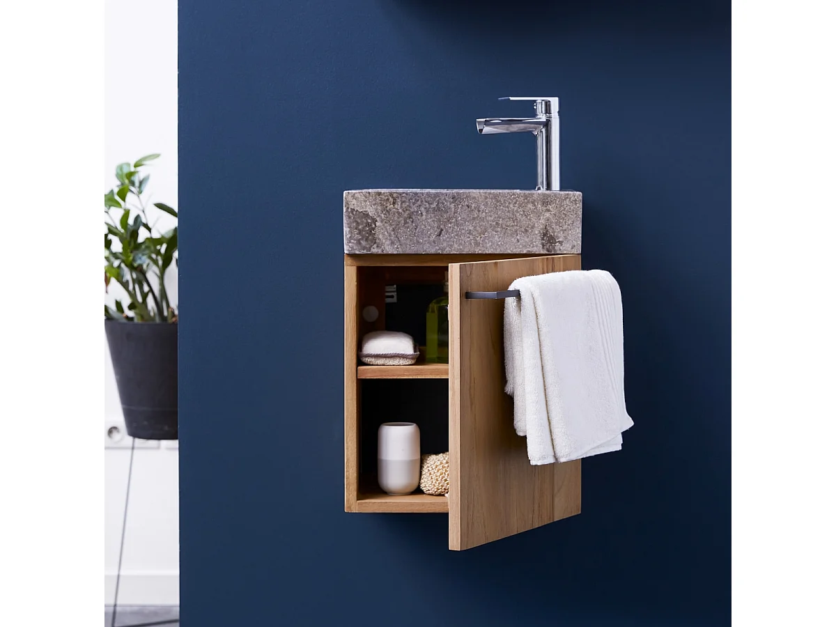 Badunterschrank hängend aus Teakholz mit grauem Marmorwaschbecken Stelle grey