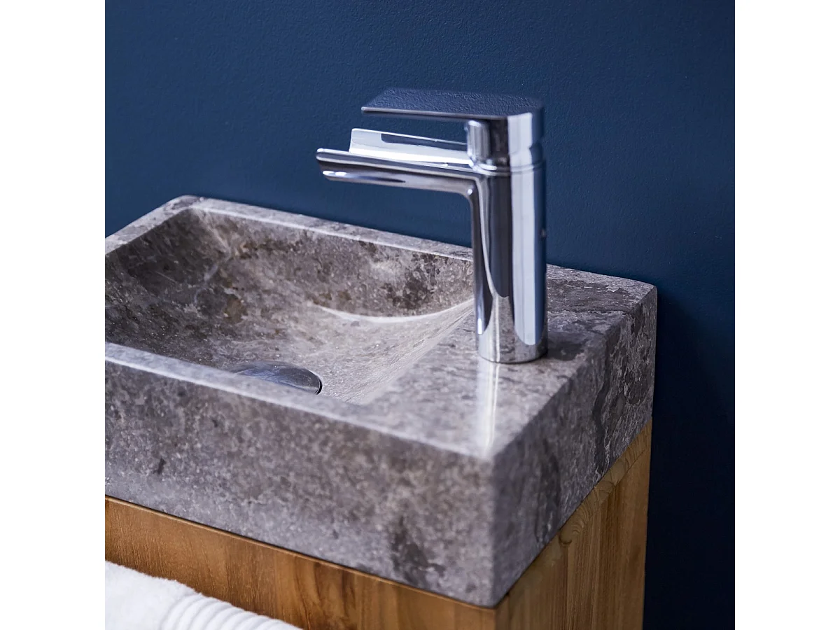 Badunterschrank hängend aus Teakholz mit grauem Marmorwaschbecken Stelle grey