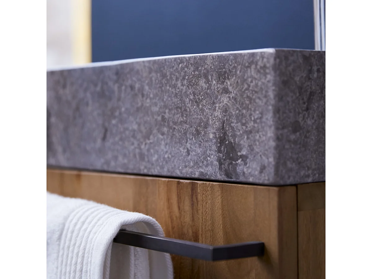 Badunterschrank hängend aus Teakholz mit grauem Marmorwaschbecken Stelle grey