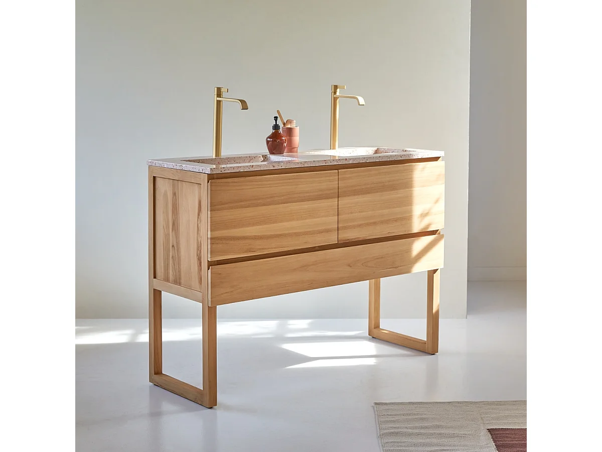 Meuble Salle de Bain en bois de teck massif et terrazzo premium Pink 120 Edgar