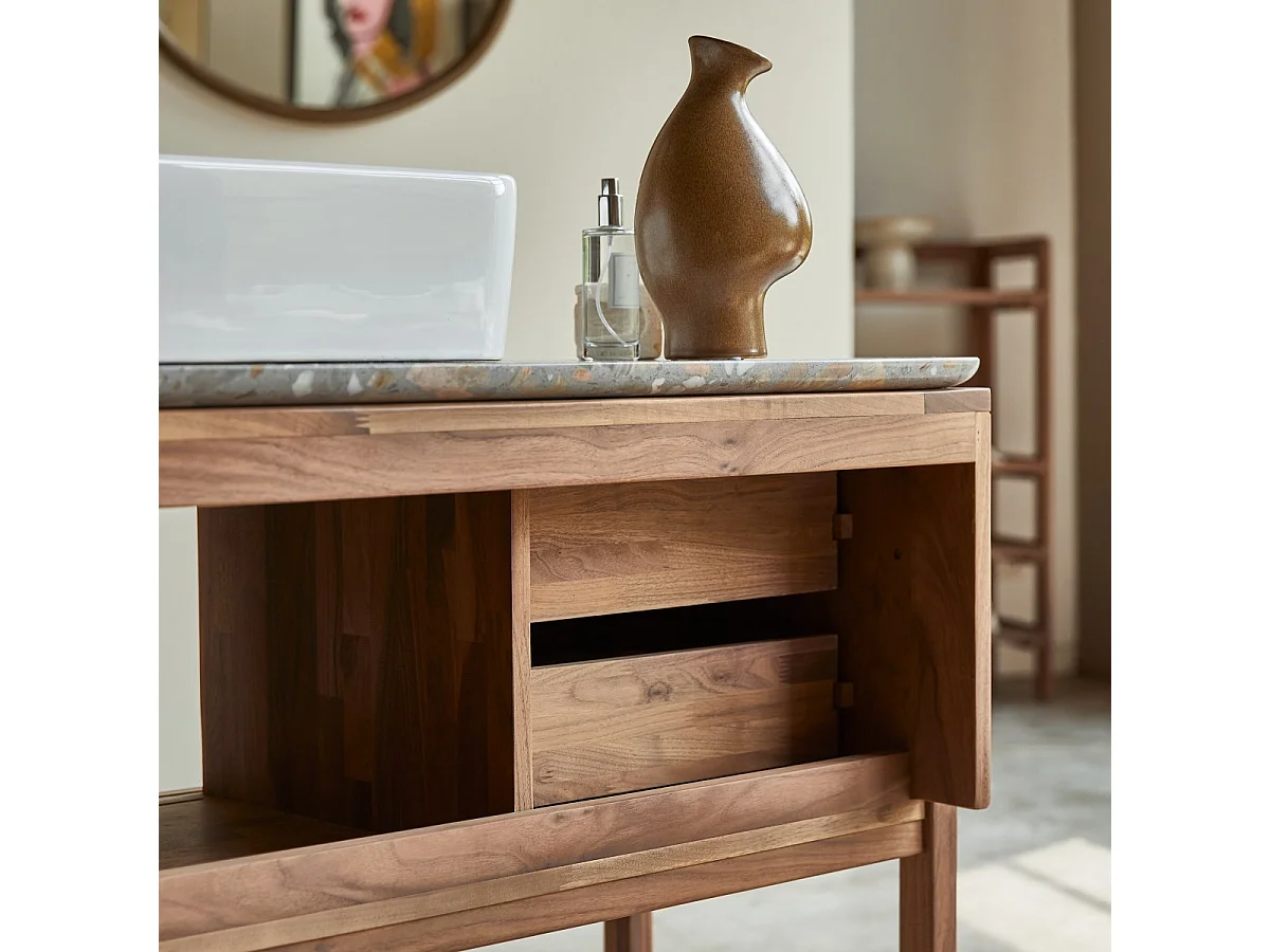 Mobile per il bagno Isaure in legno di noce massello e battuto di terrazzo