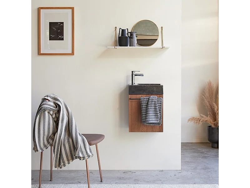 Meuble Lave main suspendu en bois de Noyer et marbre Stelle black