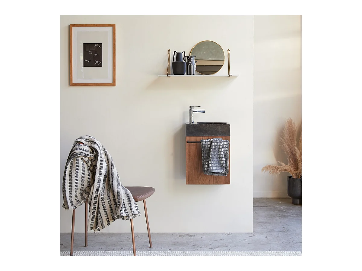 Hängendes Handwaschbecken Stelle aus Nussbaum und schwarzem Marmor