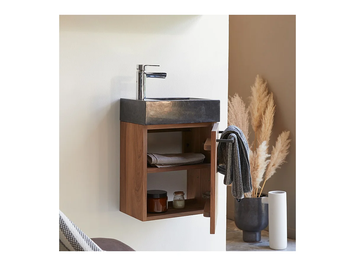 Hängendes Handwaschbecken Stelle aus Nussbaum und schwarzem Marmor