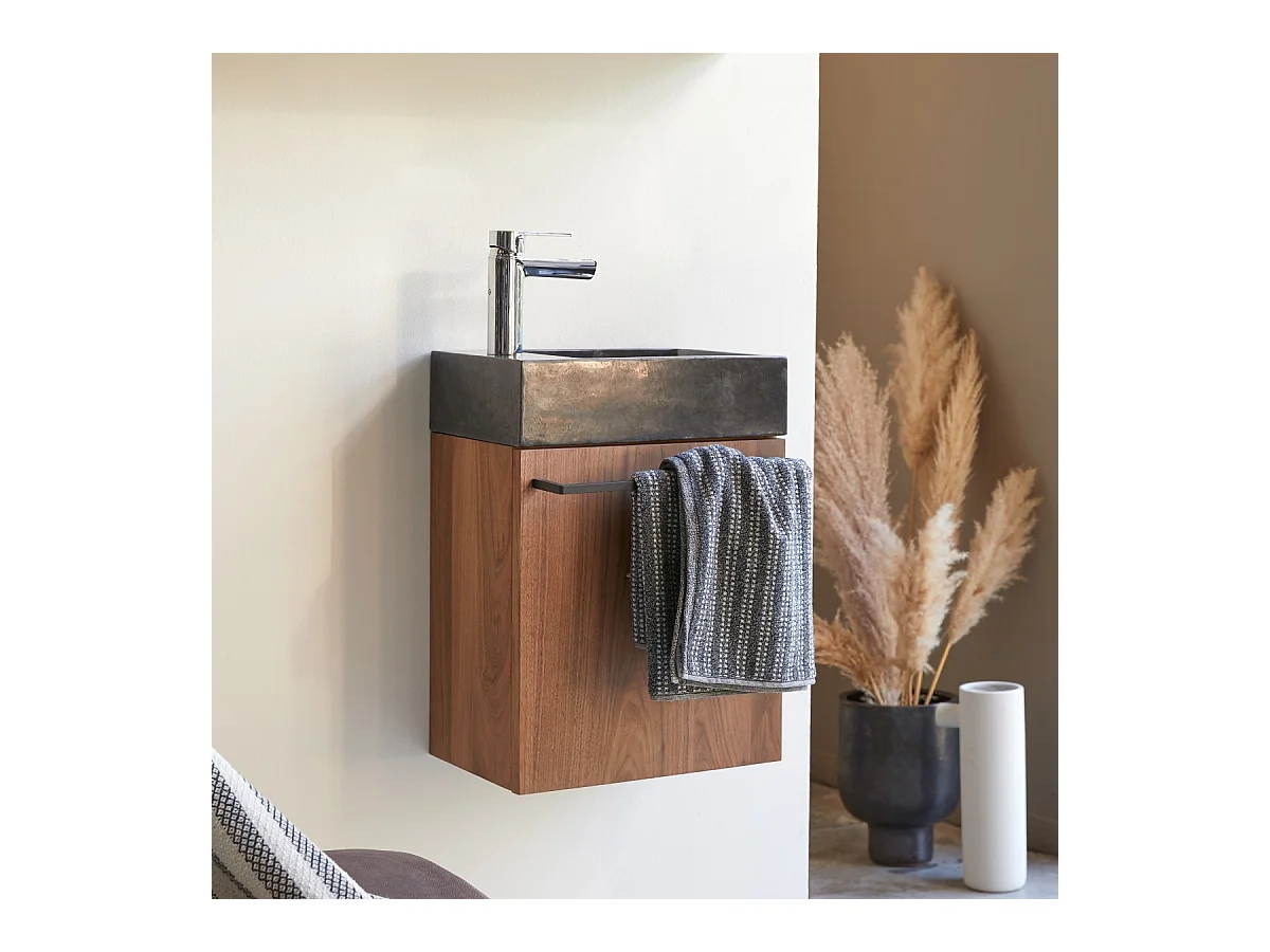 Hängendes Handwaschbecken Stelle aus Nussbaum und schwarzem Marmor