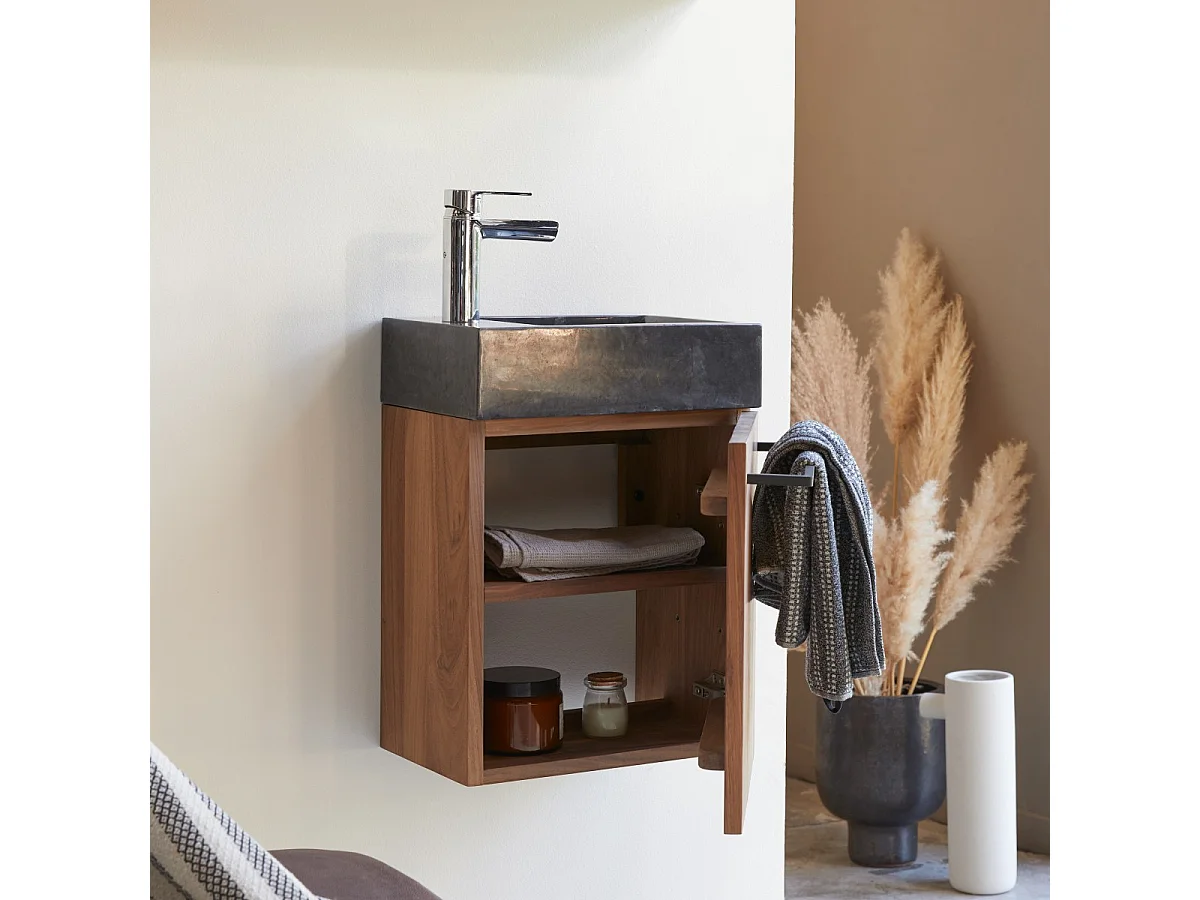 Hängendes Handwaschbecken Stelle aus Nussbaum und schwarzem Marmor