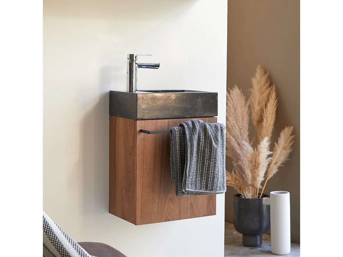 Hängendes Handwaschbecken Stelle aus Nussbaum und schwarzem Marmor