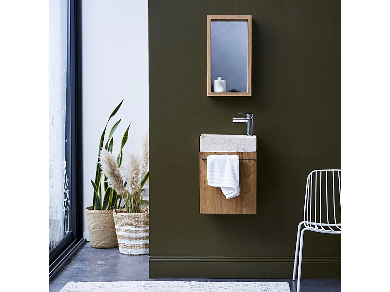 Meuble Lave main suspendu en bois de teck et marbre Stelle cream