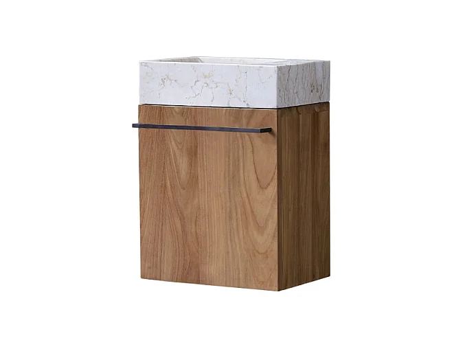 Badunterschrank hängend aus Teakholz mit cremefarbenem Marmorwaschbecken Stelle