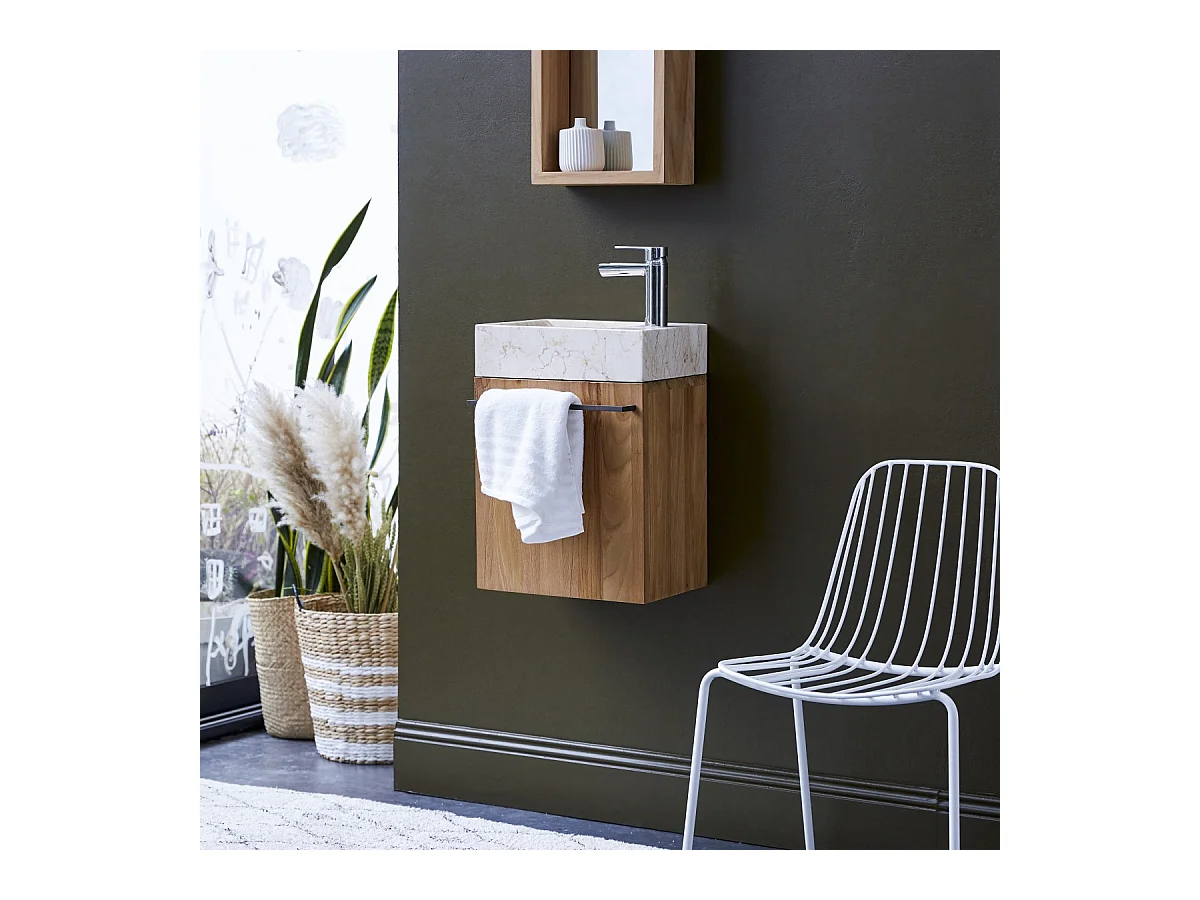 Badunterschrank hängend aus Teakholz mit cremefarbenem Marmorwaschbecken Stelle