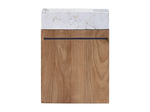 Badunterschrank hängend aus Teakholz mit cremefarbenem Marmorwaschbecken Stelle