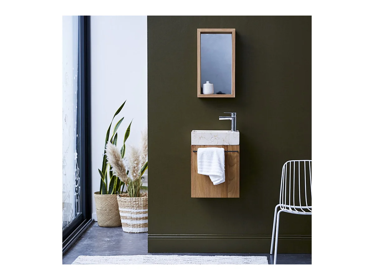 Mobile lavamani sospeso in legno di teak e marmo Stelle cream