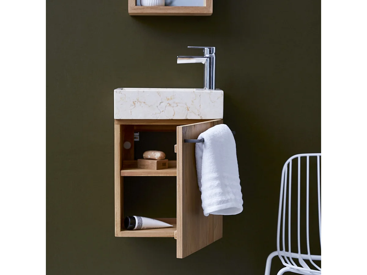 Badunterschrank hängend aus Teakholz mit cremefarbenem Marmorwaschbecken Stelle
