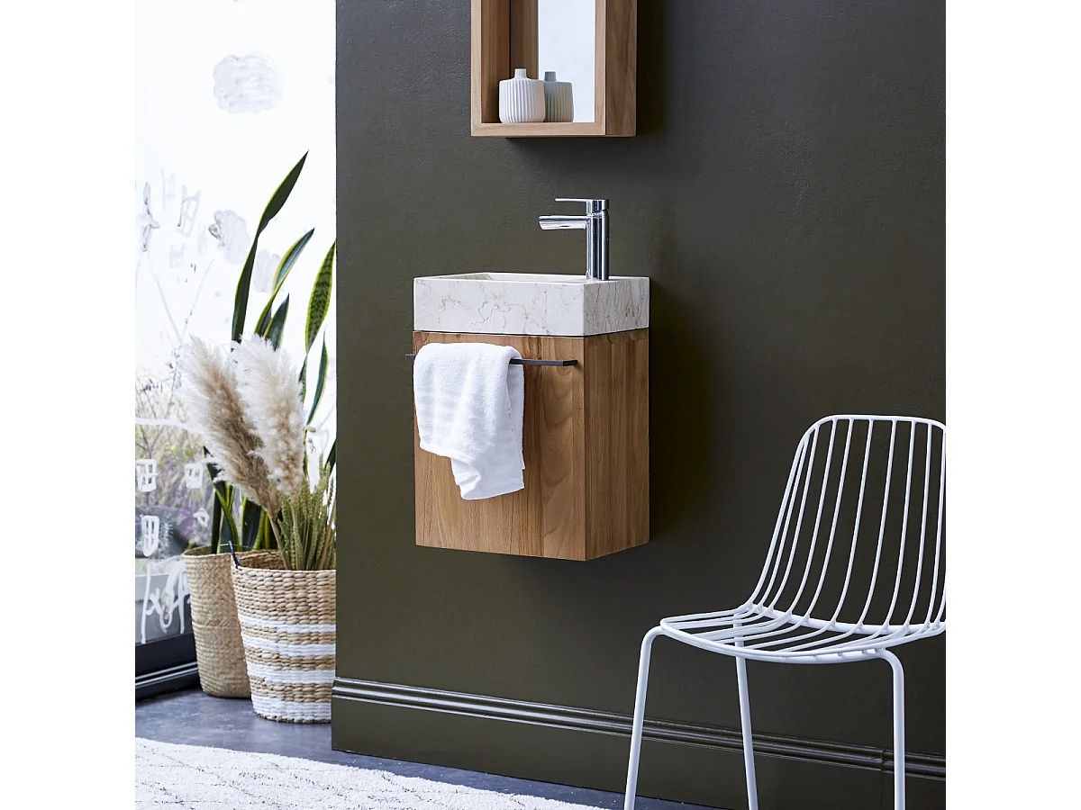 Badunterschrank hängend aus Teakholz mit cremefarbenem Marmorwaschbecken Stelle