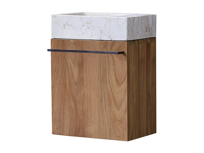 Badunterschrank hängend aus Teakholz mit cremefarbenem Marmorwaschbecken Stelle