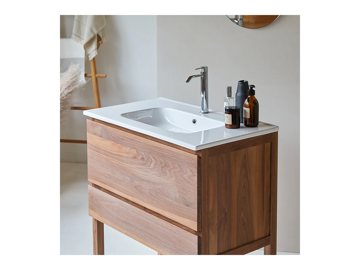 Mobile sottolavabo in legno di noce massello e lavabo in ceramica 80 Edgar