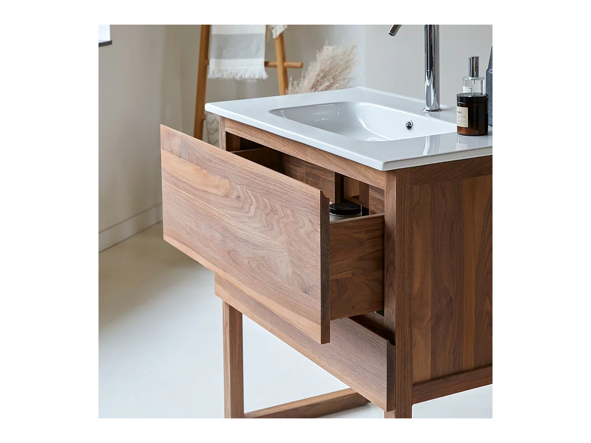 Mobile sottolavabo in legno di noce massello e lavabo in ceramica 80 Edgar