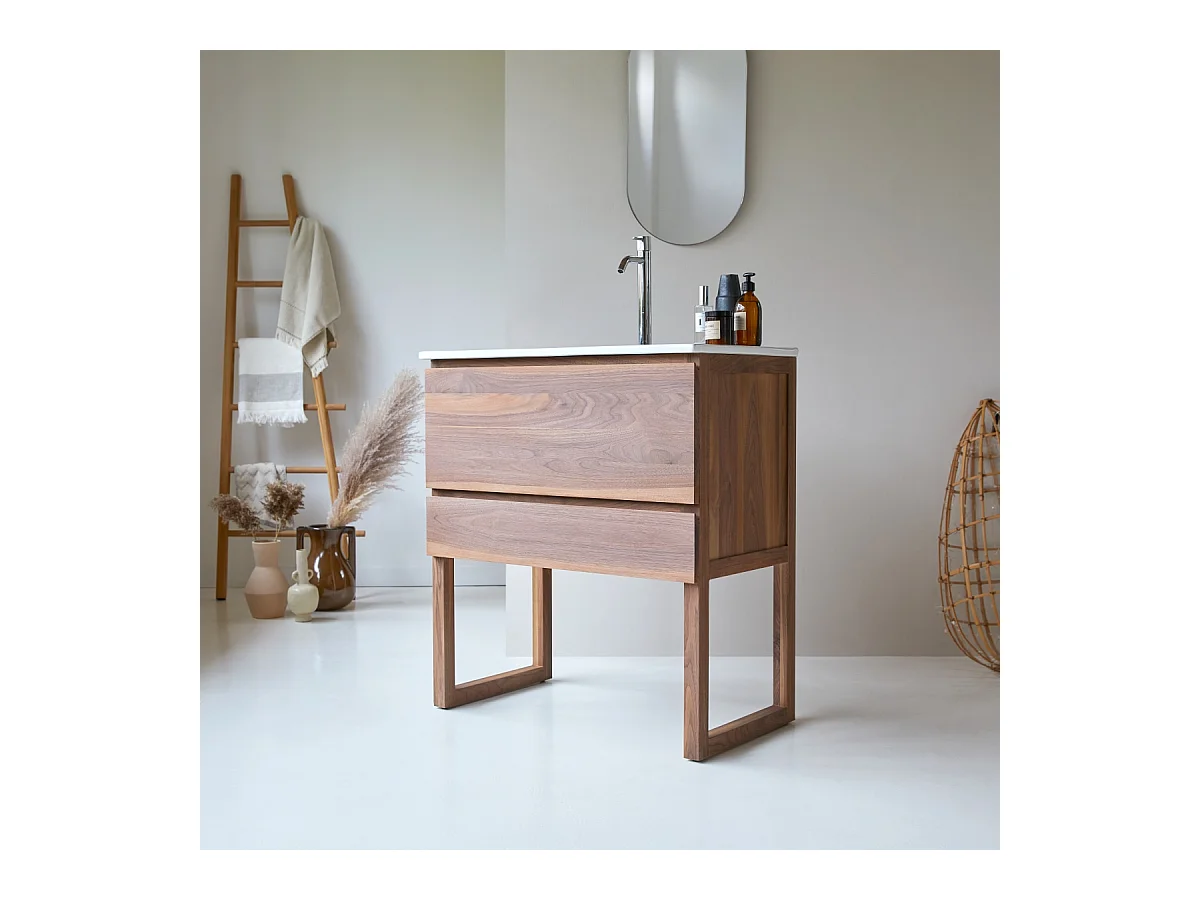 Mobile sottolavabo in legno di noce massello e lavabo in ceramica 80 Edgar