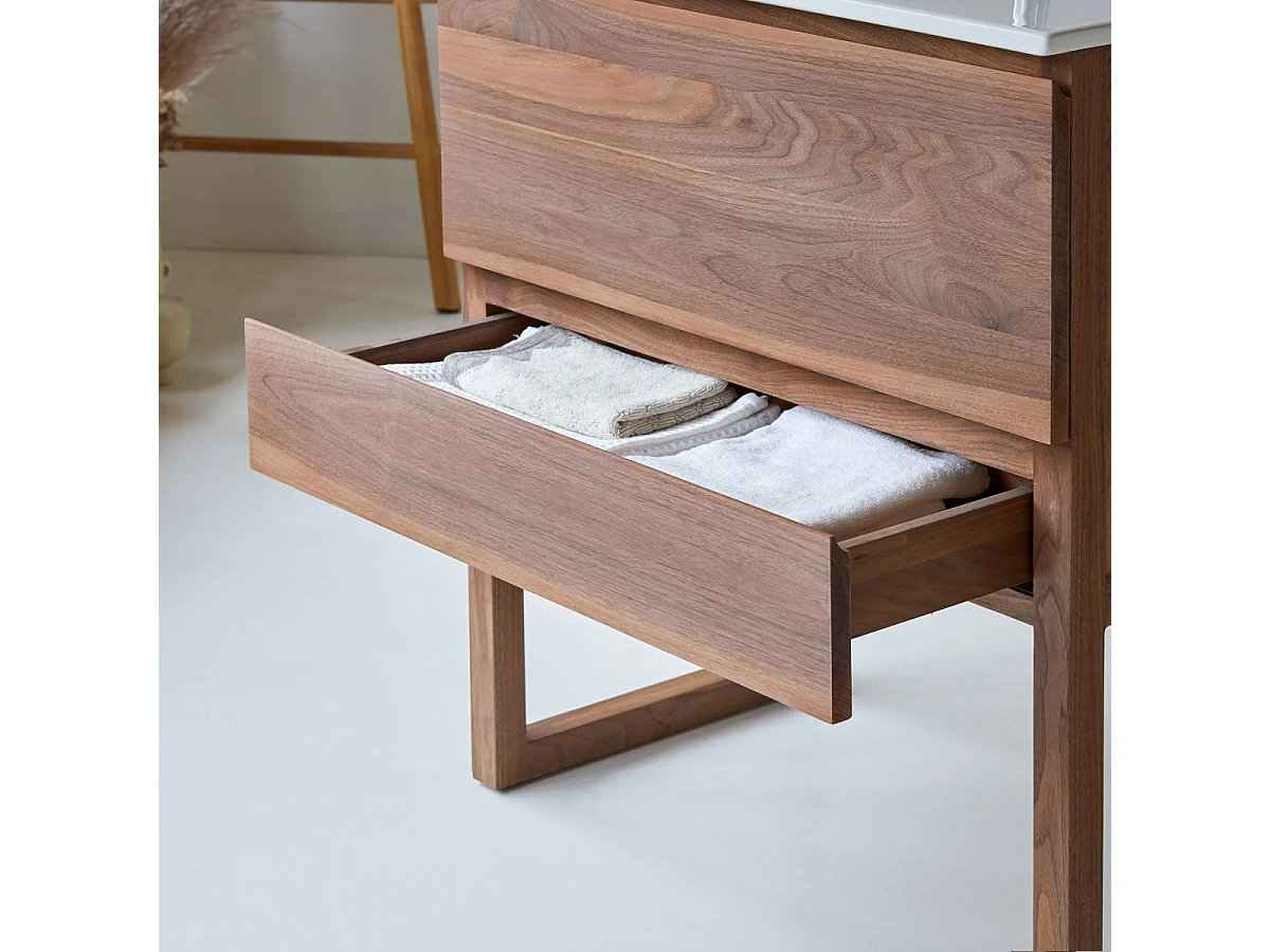 Mobile sottolavabo in legno di noce massello e lavabo in ceramica 80 Edgar