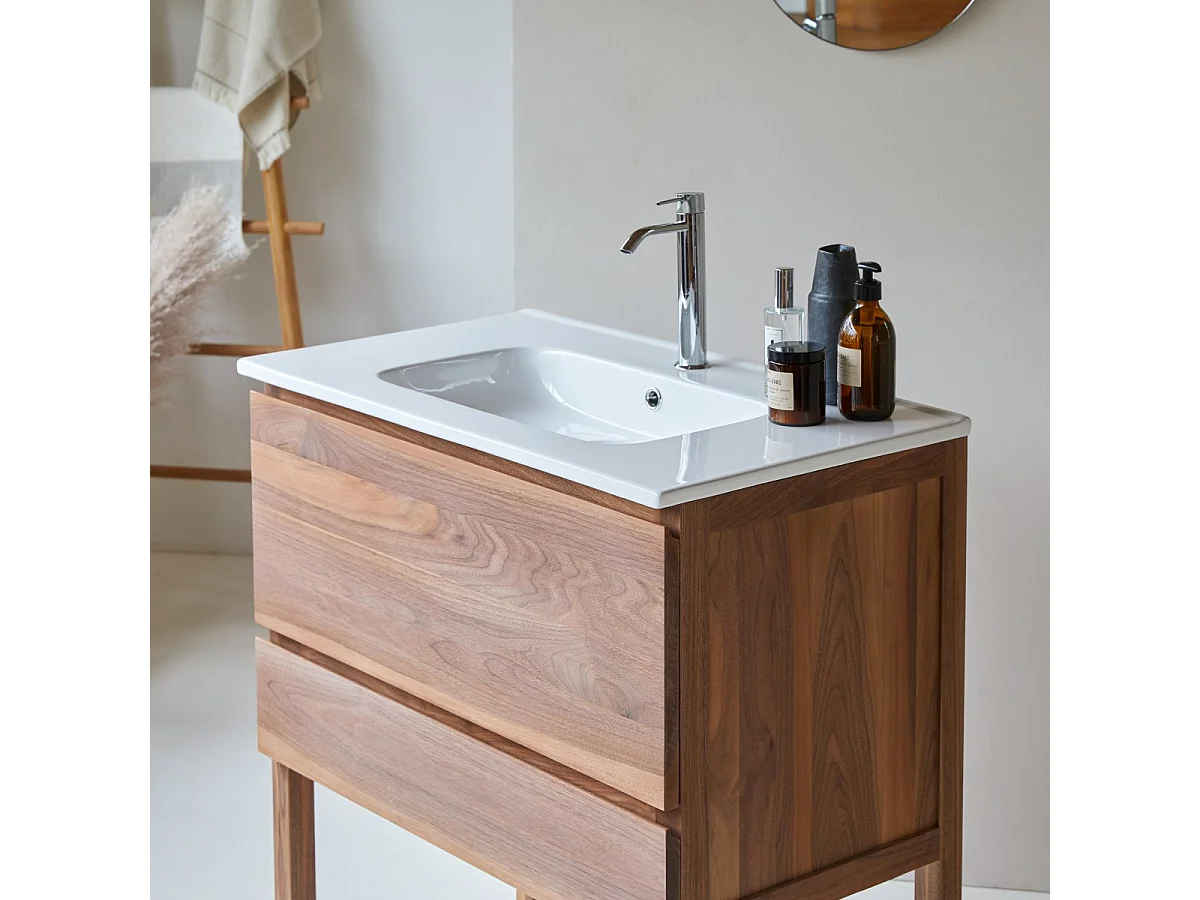 Mobile sottolavabo in legno di noce massello e lavabo in ceramica 80 Edgar