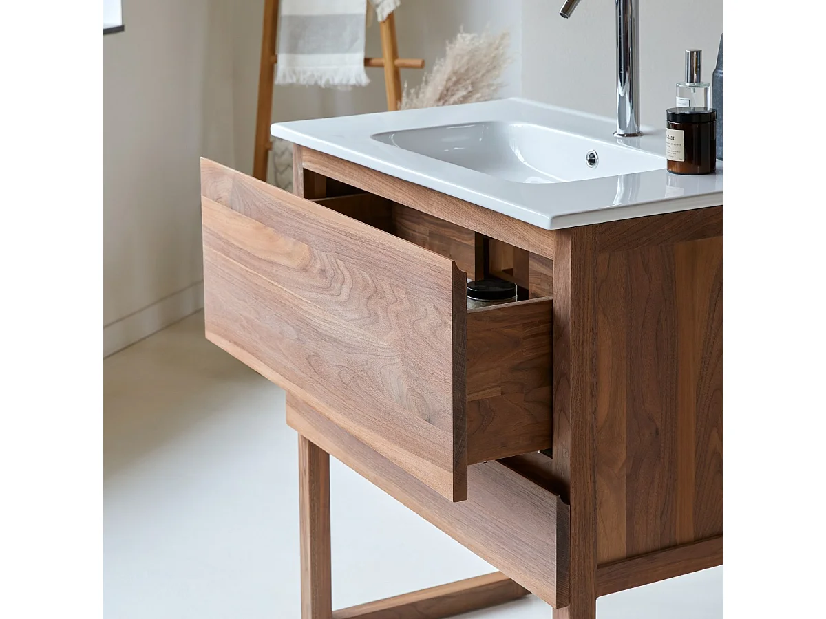 Mobile sottolavabo in legno di noce massello e lavabo in ceramica 80 Edgar