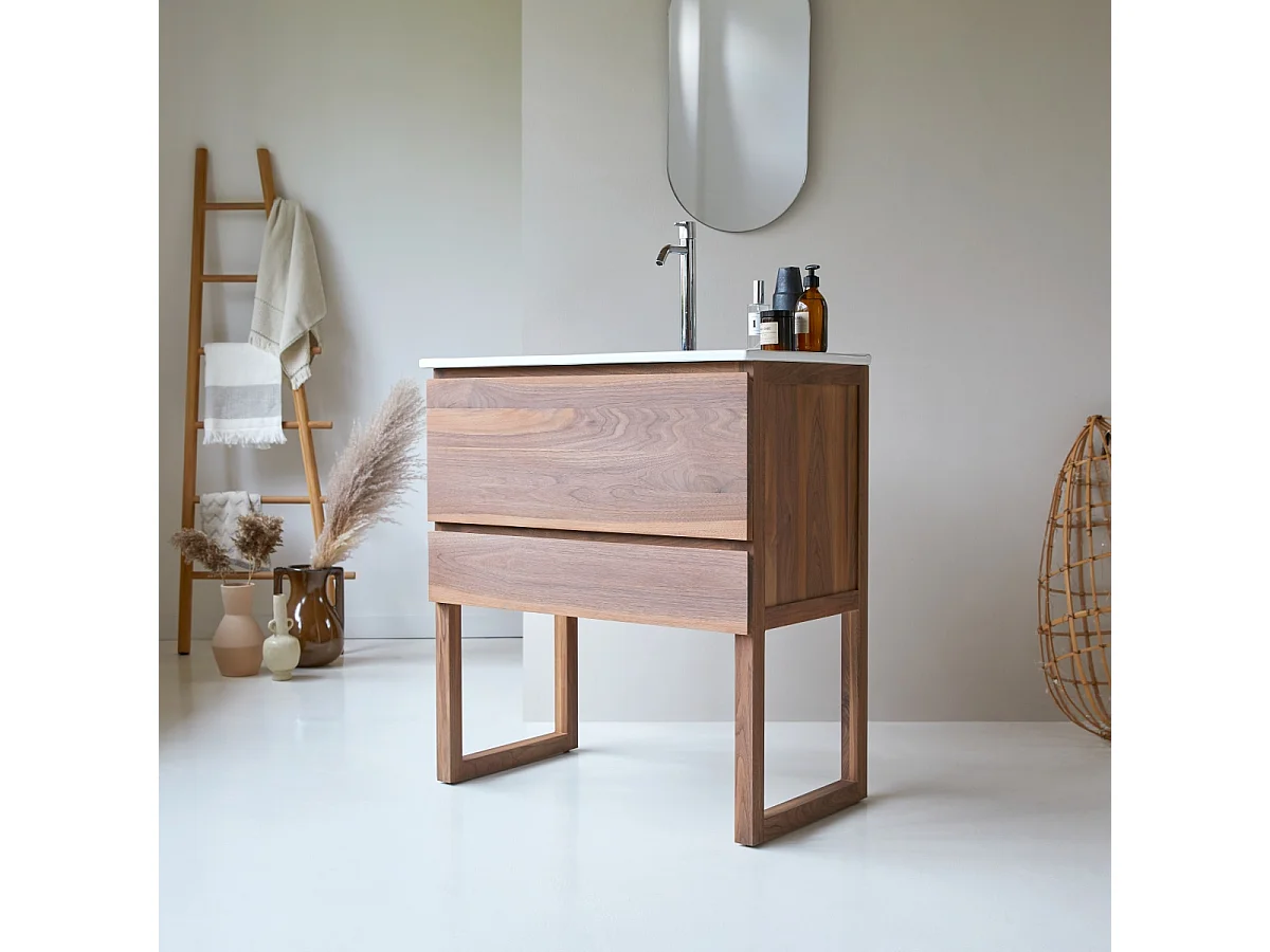 Mobile sottolavabo in legno di noce massello e lavabo in ceramica 80 Edgar