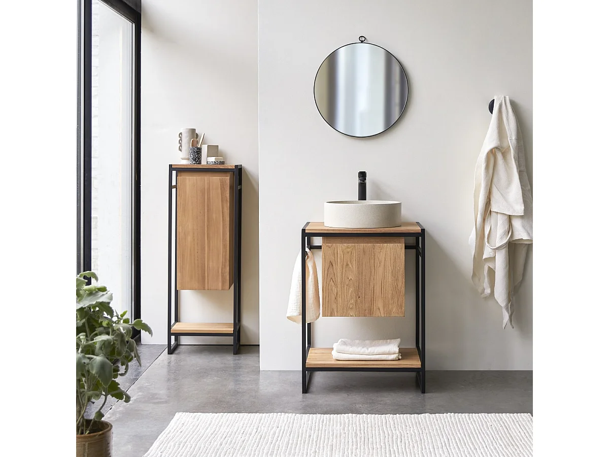 Waschtisch 60 cm aus Metall und Teakholz Materialmix industrieller Stil Einzel