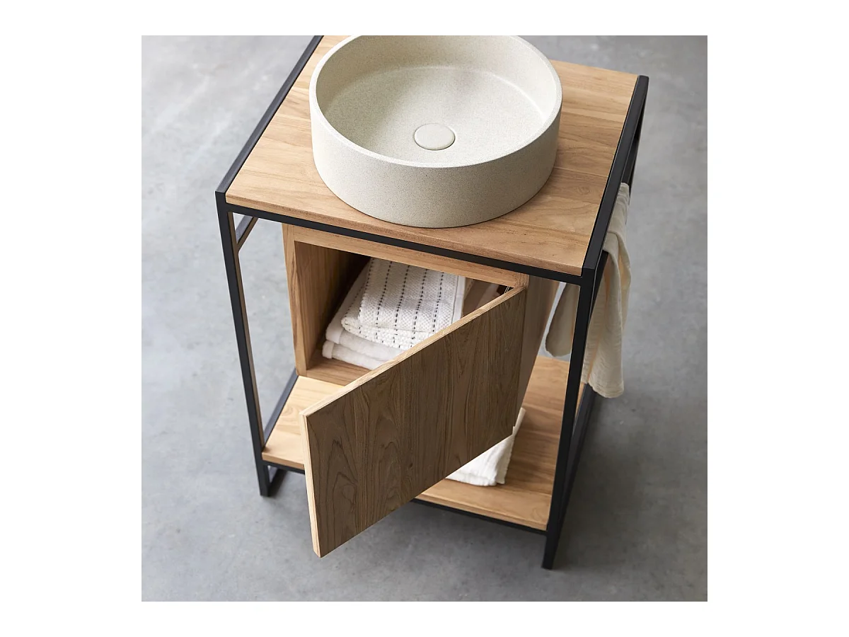 Waschtisch 60 cm aus Metall und Teakholz Materialmix industrieller Stil Einzel