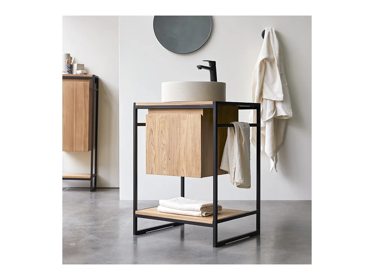Waschtisch 60 cm aus Metall und Teakholz Materialmix industrieller Stil Einzel