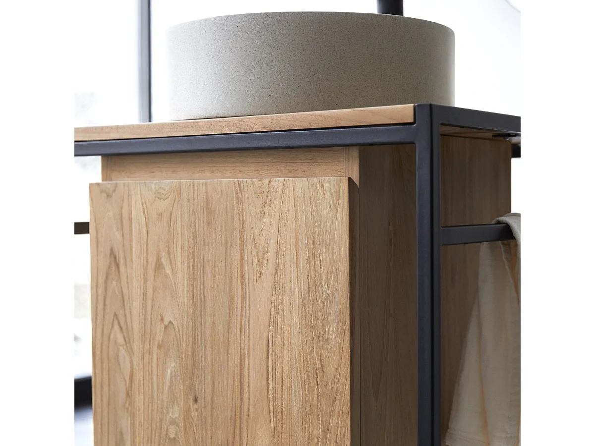 Waschtisch 60 cm aus Metall und Teakholz Materialmix industrieller Stil Einzel
