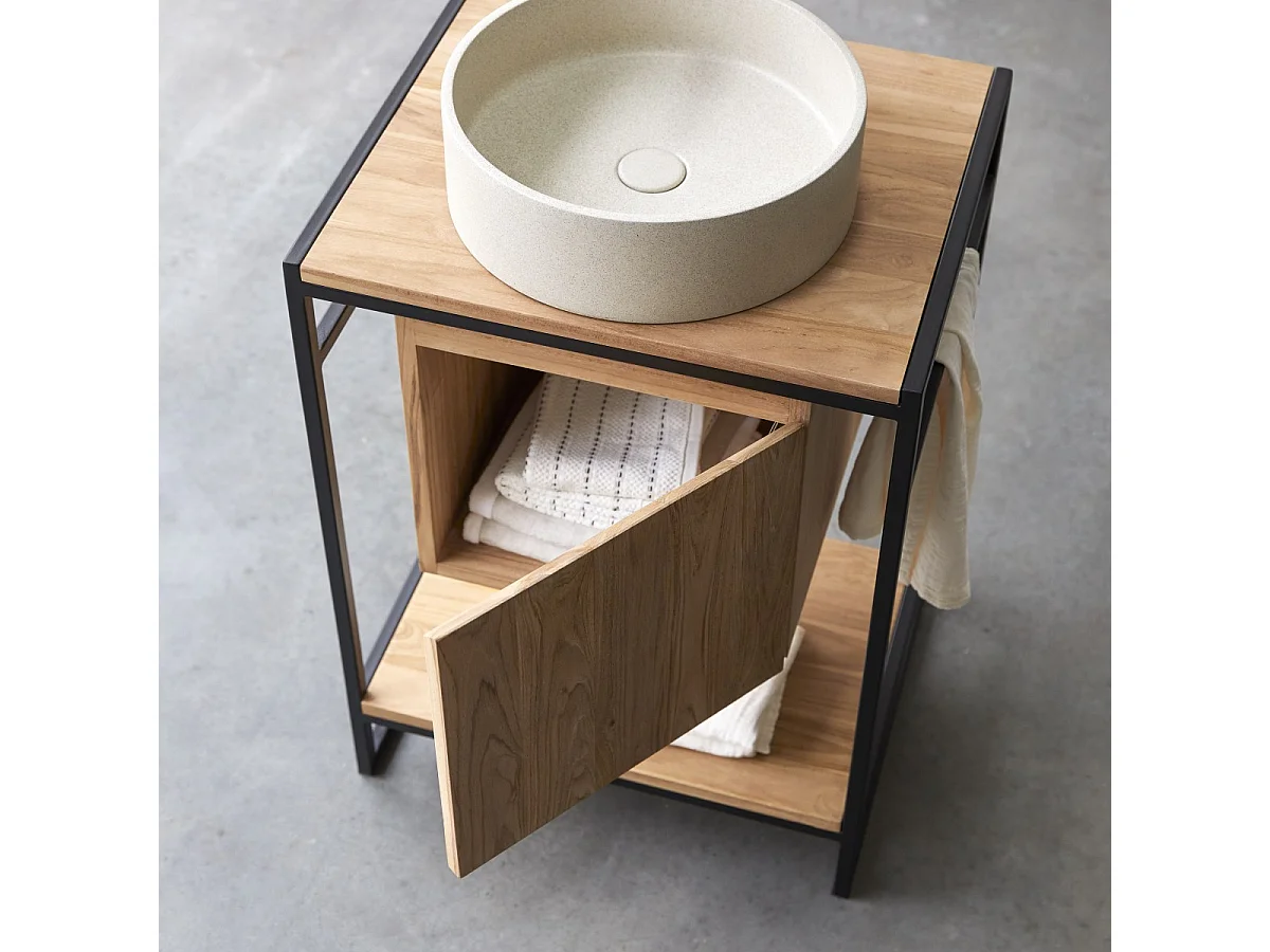 Waschtisch 60 cm aus Metall und Teakholz Materialmix industrieller Stil Einzel