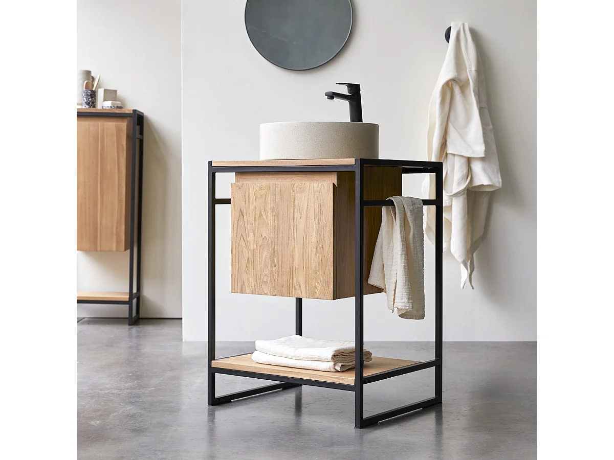 Waschtisch 60 cm aus Metall und Teakholz Materialmix industrieller Stil Einzel
