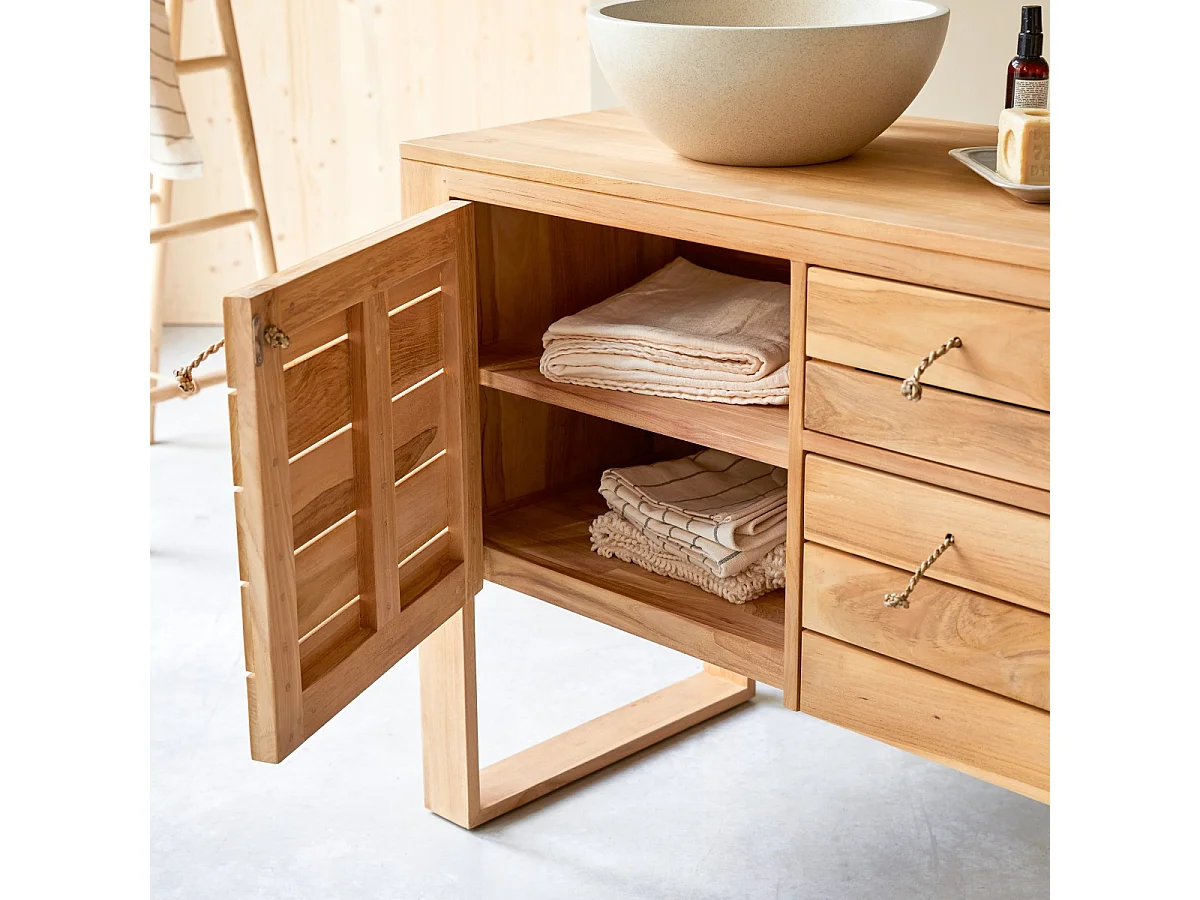 Waschbeckenunterschrank Waschtisch aus Teak Naturton Lattenoptik 145 cm