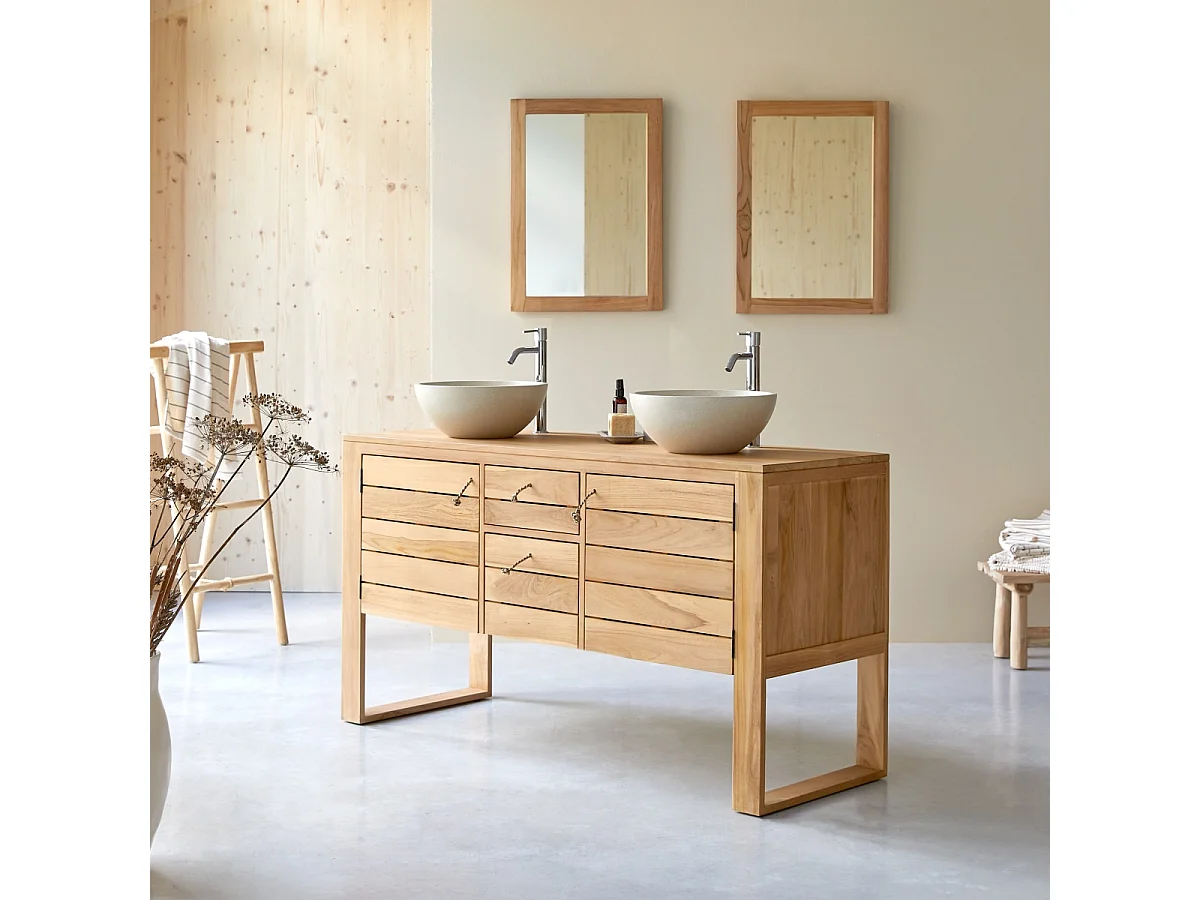 Waschbeckenunterschrank Waschtisch aus Teak Naturton Lattenoptik 145 cm