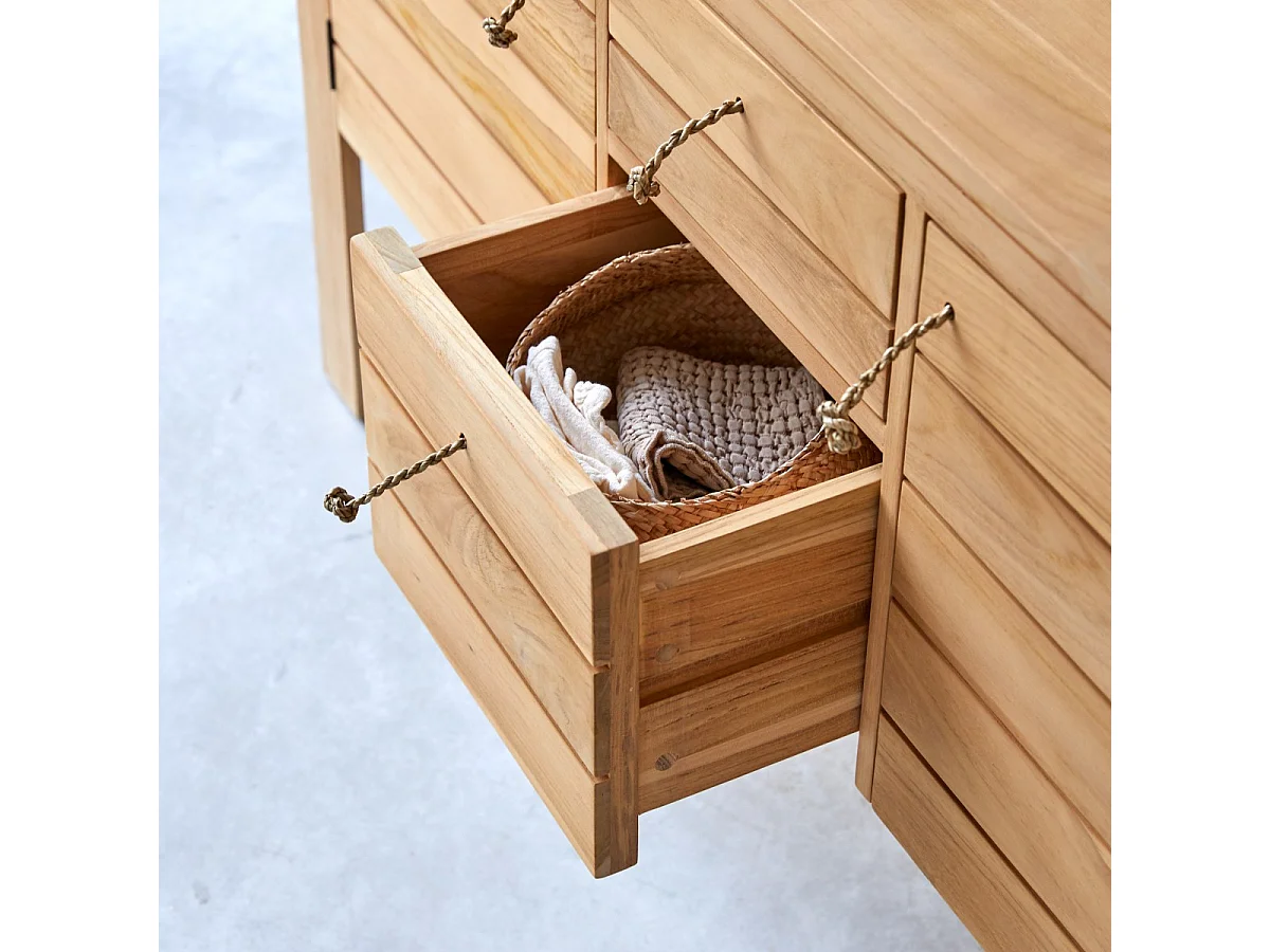 Waschbeckenunterschrank Waschtisch aus Teak Naturton Lattenoptik 145 cm