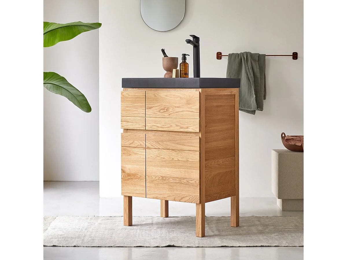 Mobile per il bagno in legno di rovere e pietra lavica 60 Easy