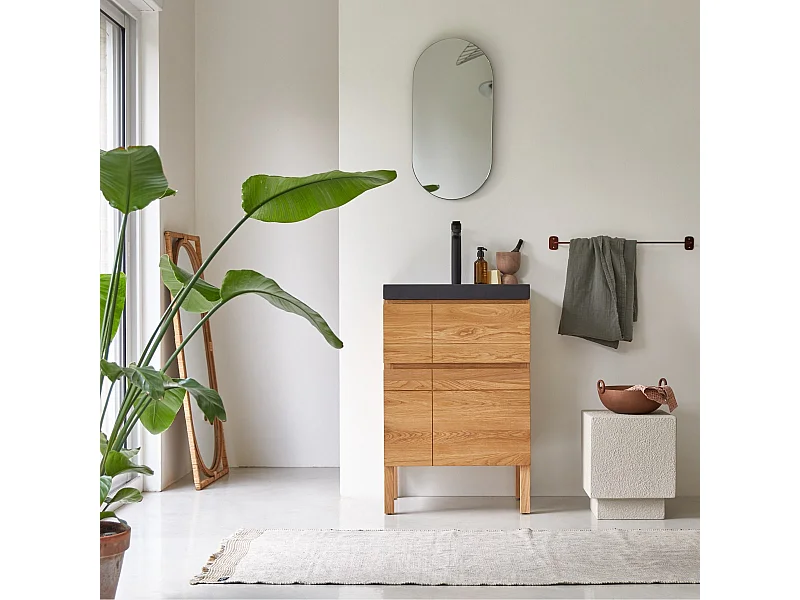 Badezimmermöbel Easy 60 cm aus massiver Eiche und Lavastein