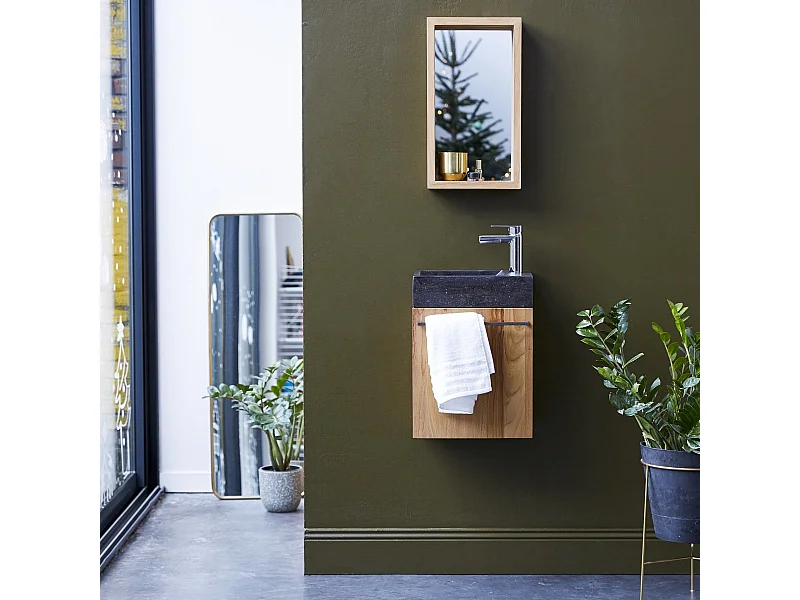 Meuble Lave main suspendu en bois de teck et marbre Stelle black