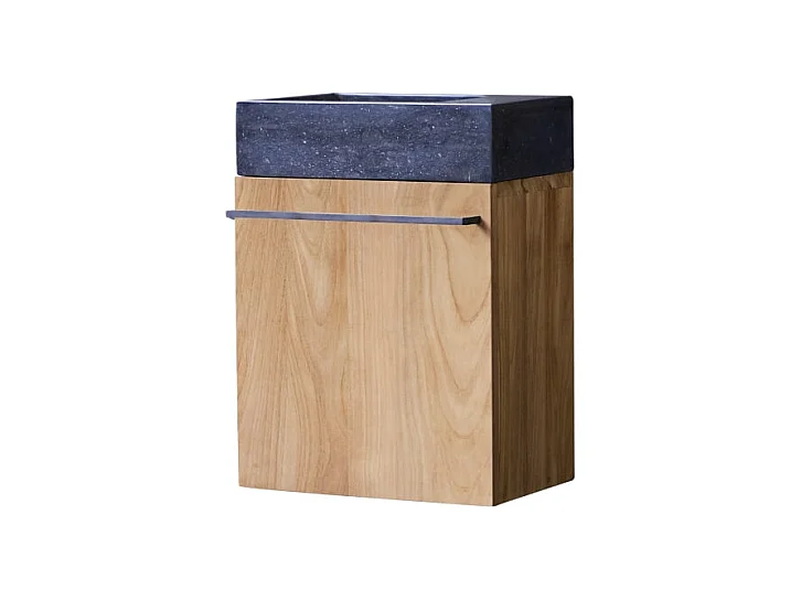 Badunterschrank hängend aus Teakholz mit schwarzem Marmorwaschbecken Stelle blac