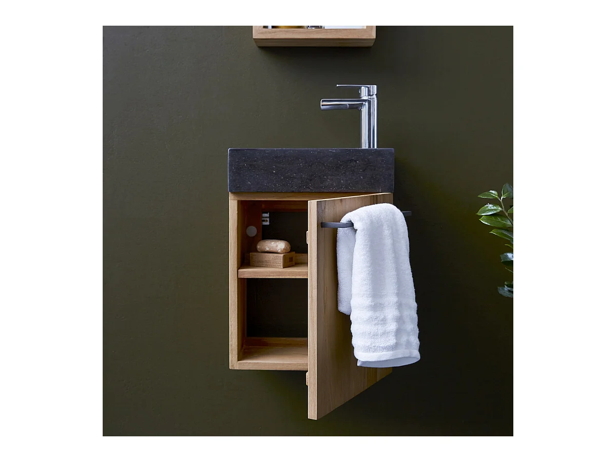 Badunterschrank hängend aus Teakholz mit schwarzem Marmorwaschbecken Stelle blac