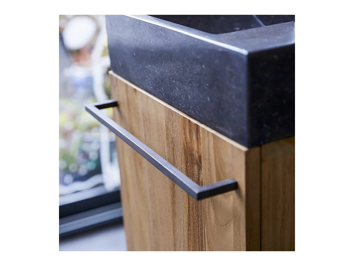 Badunterschrank hängend aus Teakholz mit schwarzem Marmorwaschbecken Stelle blac