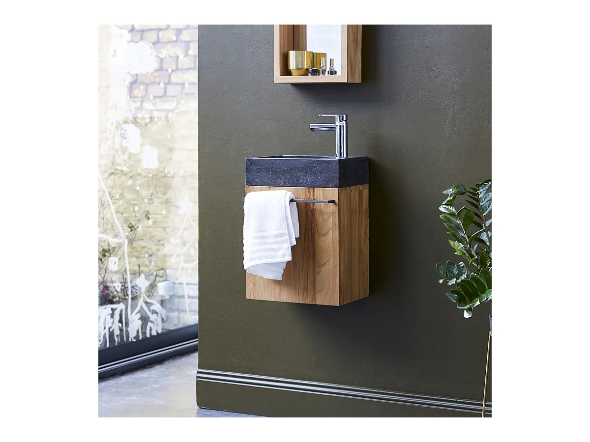 Badunterschrank hängend aus Teakholz mit schwarzem Marmorwaschbecken Stelle blac
