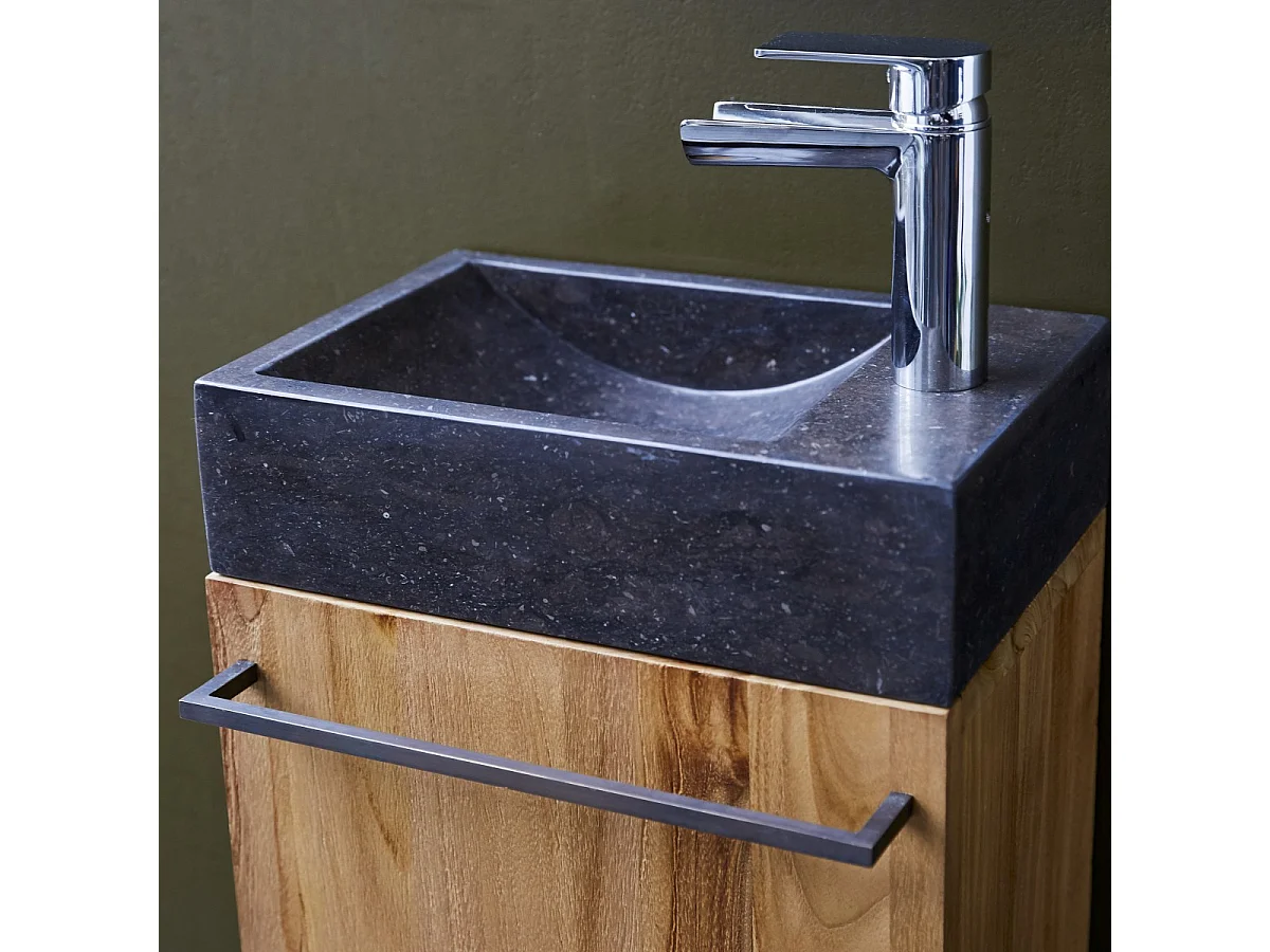 Badunterschrank hängend aus Teakholz mit schwarzem Marmorwaschbecken Stelle blac