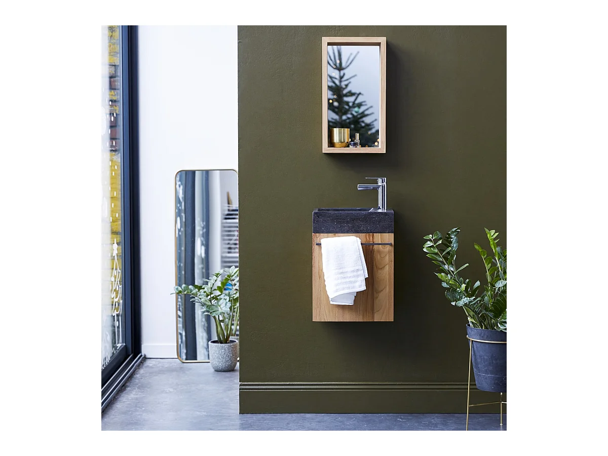 Mobile lavamani sospeso in legno di teak e marmo Stelle black