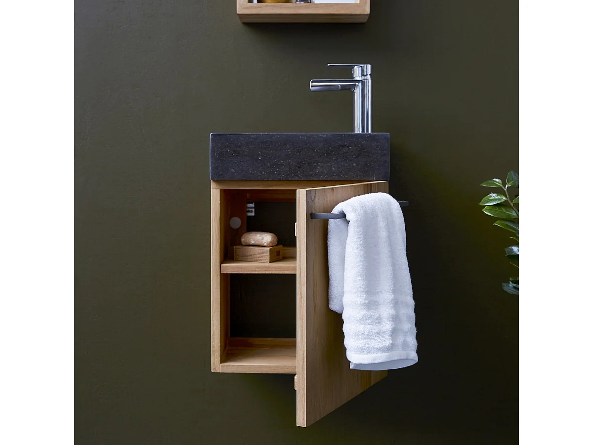Badunterschrank hängend aus Teakholz mit schwarzem Marmorwaschbecken Stelle blac