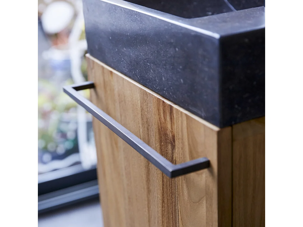 Badunterschrank hängend aus Teakholz mit schwarzem Marmorwaschbecken Stelle blac