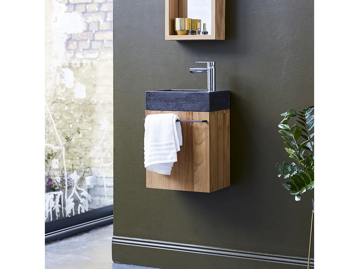 Badunterschrank hängend aus Teakholz mit schwarzem Marmorwaschbecken Stelle blac