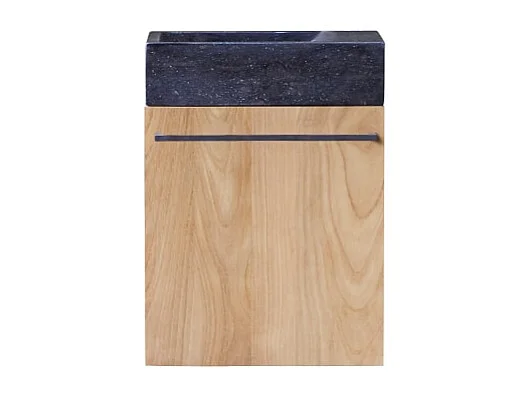 Badunterschrank hängend aus Teakholz mit schwarzem Marmorwaschbecken Stelle blac