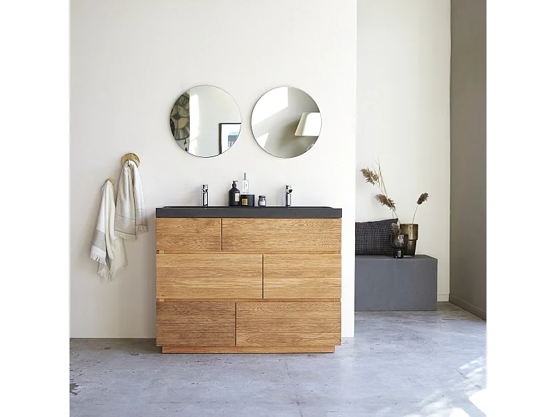 Meuble Salle de bain en bois de chêne et pierre de lave 120 Karl